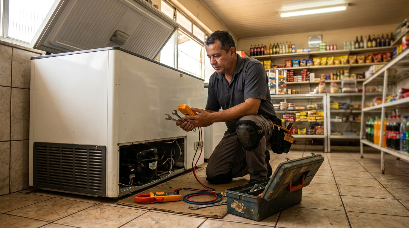 Profissional executando manutenção no motor de freezer em Santos‑SP