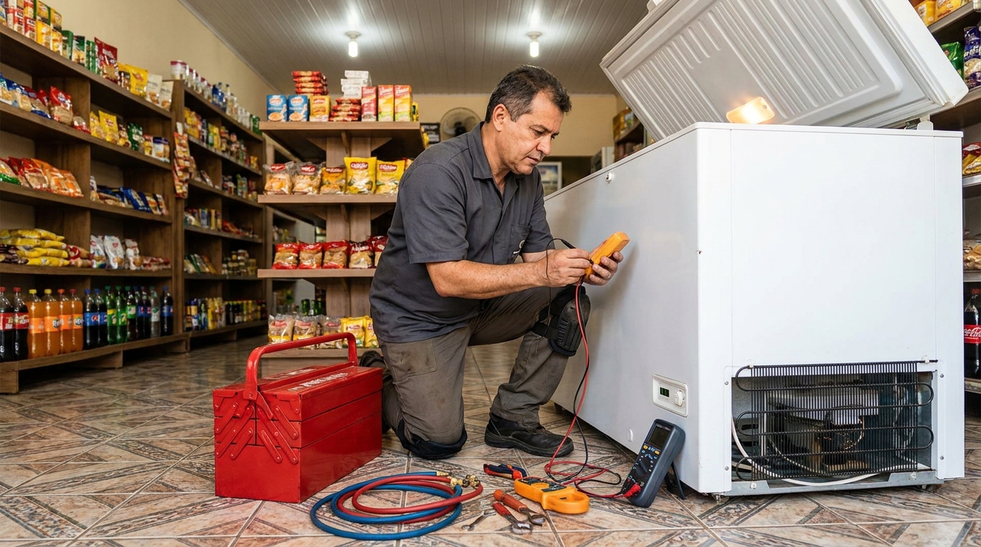 Recarga de gás refrigerante no freezer durante atendimento em Santos‑SP