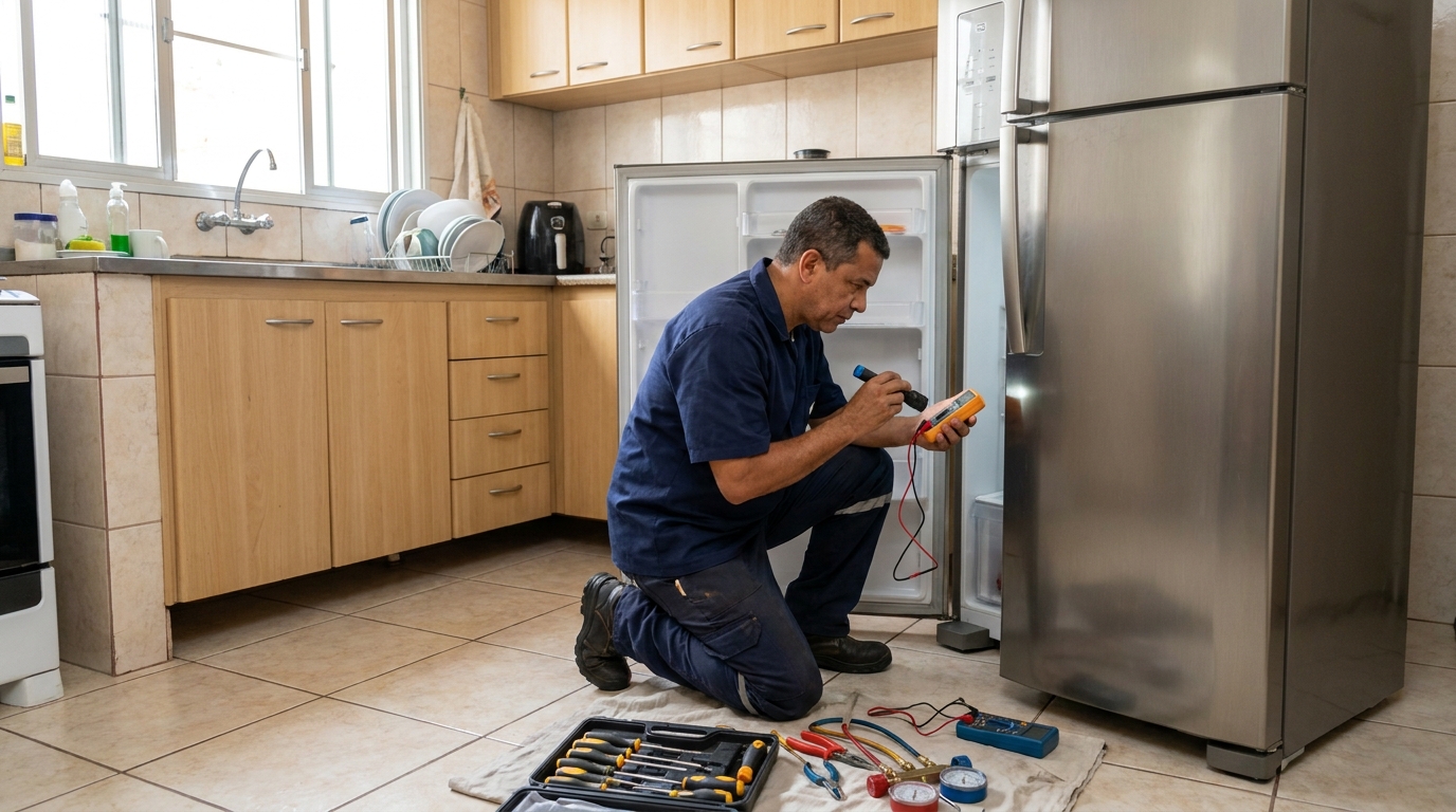 Técnico aplicando recarga de gás refrigerante em geladeira em Santos‑SP