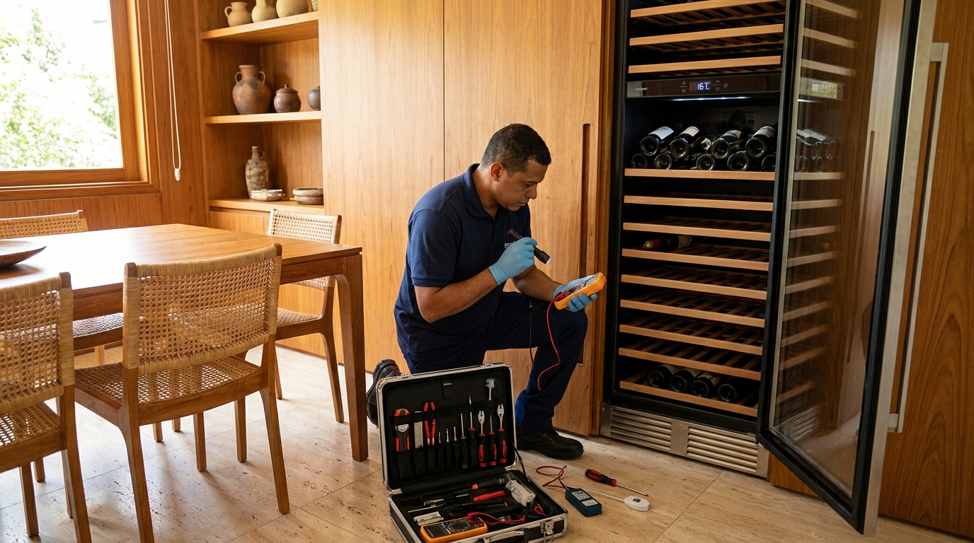 Substituição de termostato em adega climatizada em visita técnica no Valongo, Santos‑SP
